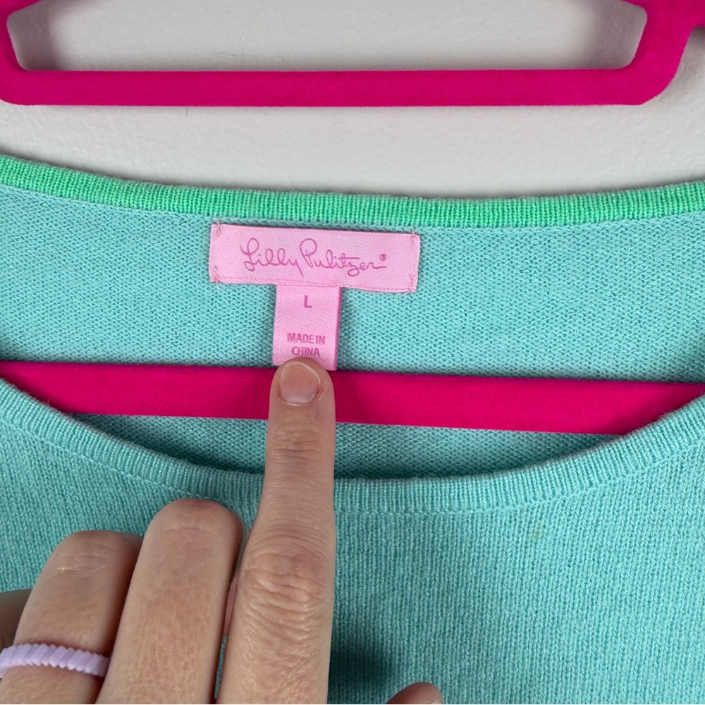 LILLY PULITZER Fairfax Fringe Blue Green Cashmere Sweater Size Large Preppy - Picture 3 of 8